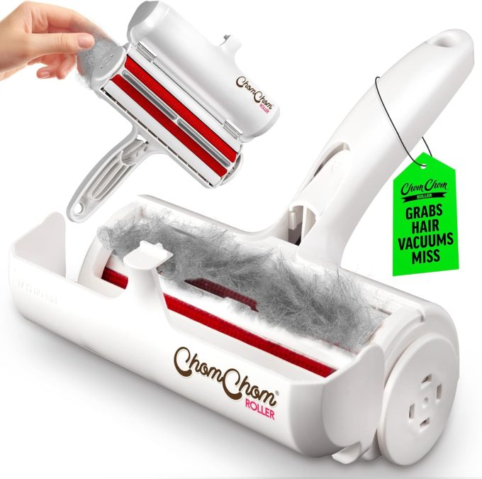 ChomChom Roller Pet Hair Remover test on apartment sofa.
