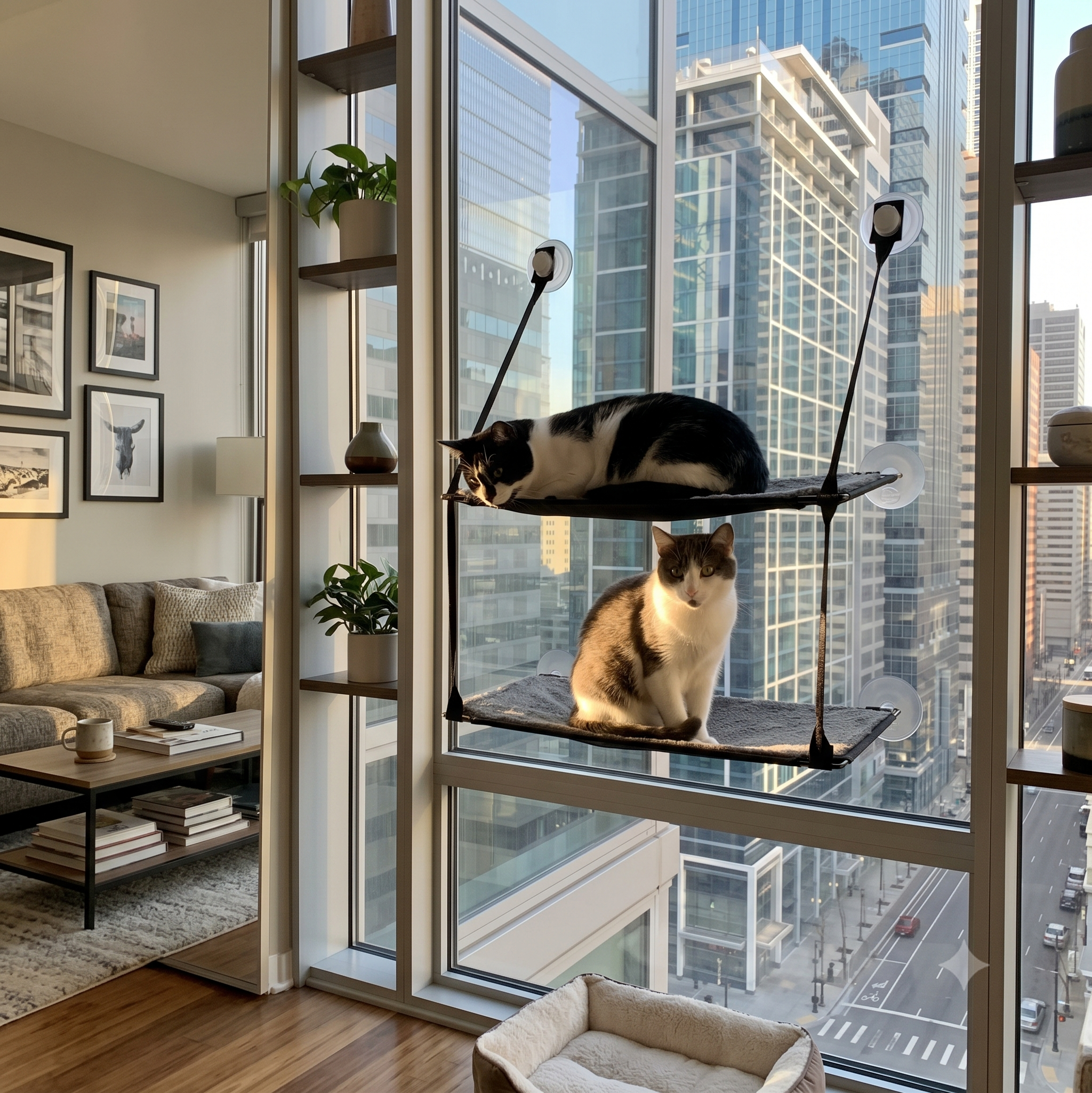 K&H EZ Mount Double Stack Cat Window Perch in high-rise apartment living room