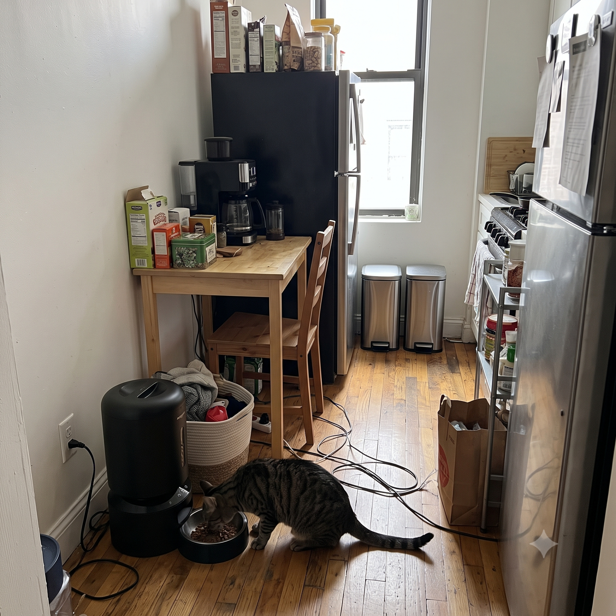 PETLIBRO Automatic Feeder placed in a compact studio apartment kitchen